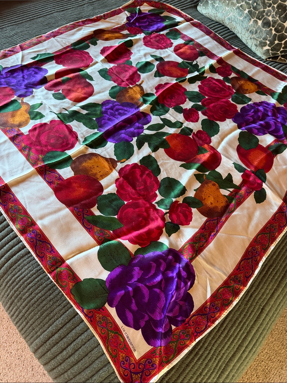 Floral Silk Scarf in White with Red, Purple & Green 35” x 35”